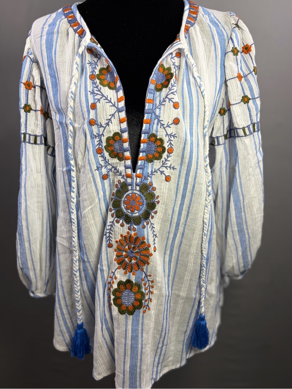 Antik Batik Blue & White Striped Embroidered Tunic